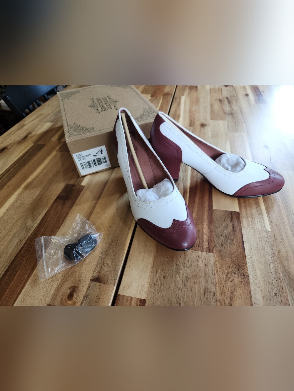 American Duchess Peggy 1940s Leather Spectator Pumps in Oxblood / White